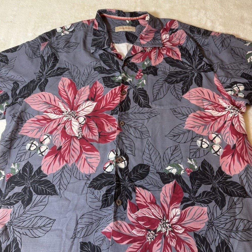 Tommy Bahama XXL Tall 100% Silk Hawaiian Shirt Holiday Poinsettia Christmas